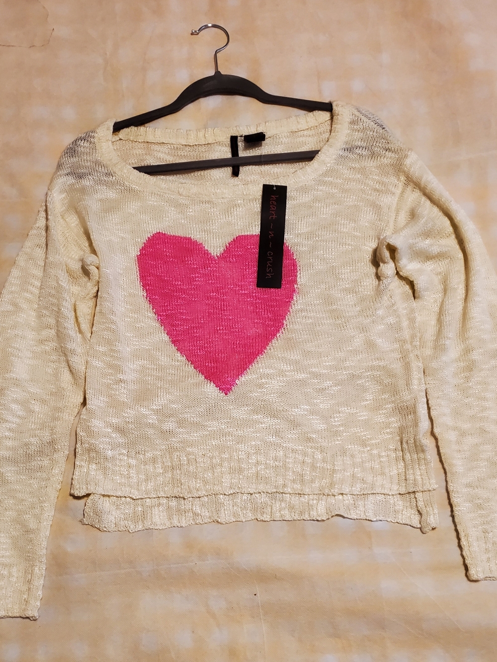 Cream Knit Sweater with Pink Heart Graphic